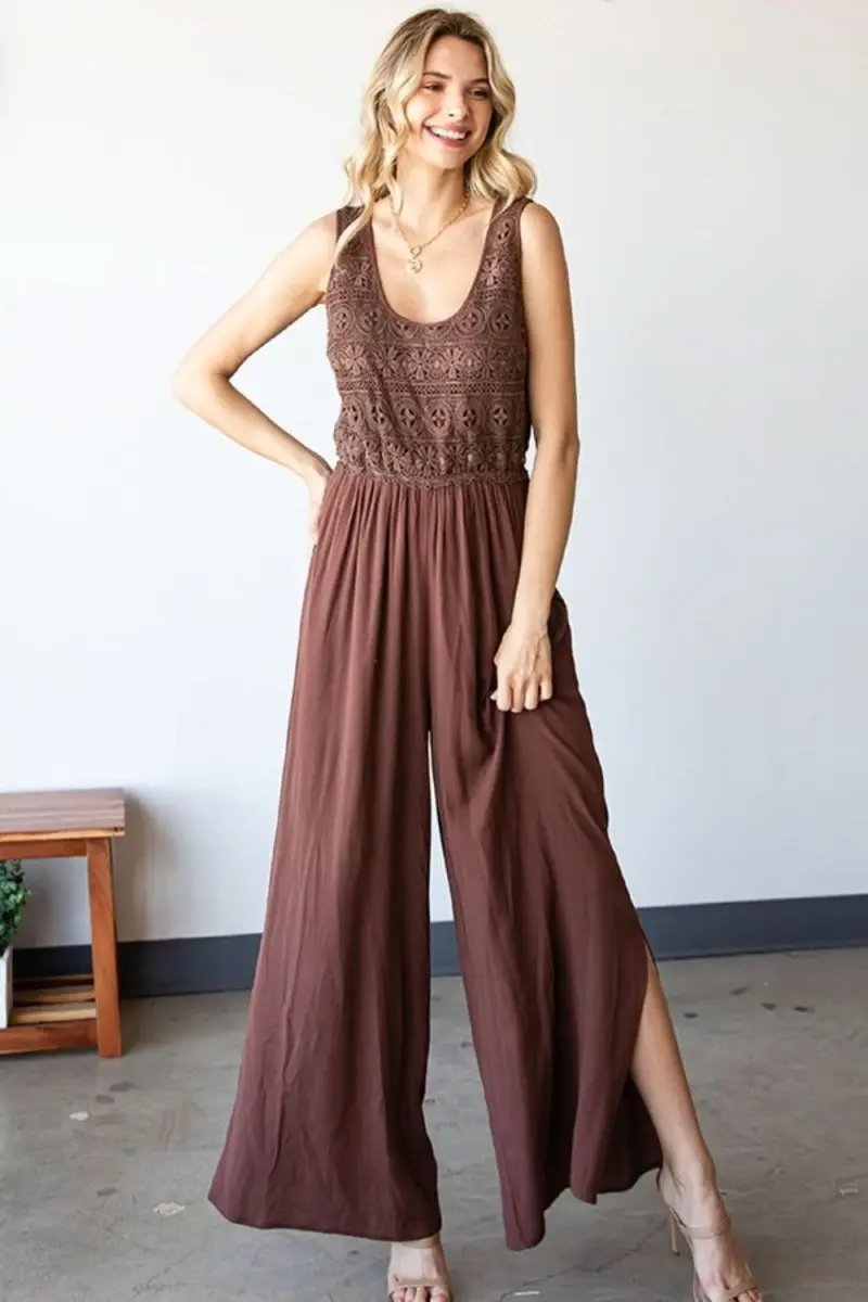 First Love Tie Back Sleeveless Slit Wide Leg Jumpsuit - Love Salve